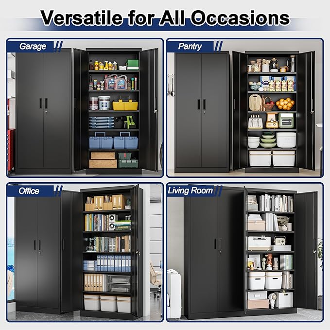 BESFUR Metal Garage Storage Cabinet with Locking Doors and 5 Adjustable Shelves, Black Tall Storage Cabinets, Tool File Lockable Cabinet for Garage Office Warehouse Shop(71”H)