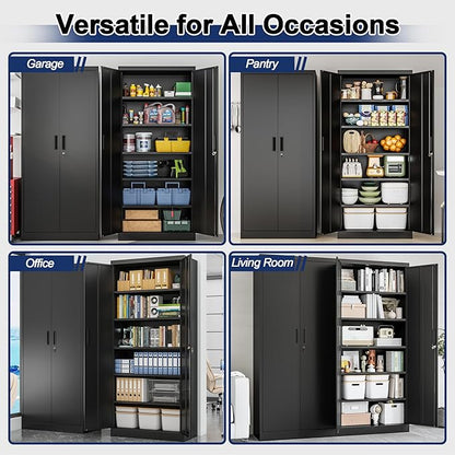 BESFUR Metal Garage Storage Cabinet with Locking Doors and 5 Adjustable Shelves, Black Tall Storage Cabinets, Tool File Lockable Cabinet for Garage Office Warehouse Shop(71”H)