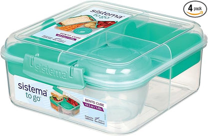 Sistema Bento Box Adult Lunch Box with 3 Compartments, 2 Removable Trays, and Salad Dressing Container, Dishwasher Safe, Color May Vary, 42 oz./1.25L Size (Pack of 4)