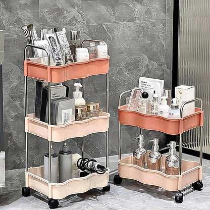 2 Tier Utility Rolling Cart with Wheels Under Desk Storage Cart Organizer with Handle for Home Kitchen Bathroom Office Organization Pink
