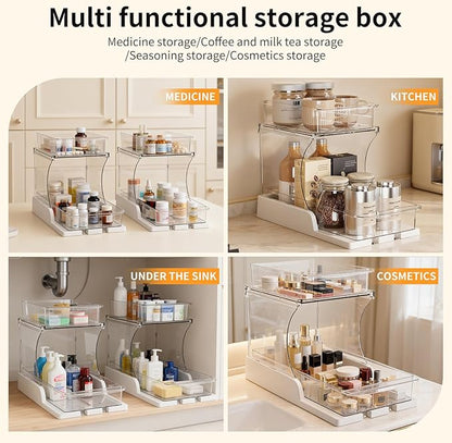 Pull Out 2 Tier Under Sink Organizer Clear Cabinet Organizer for Kitchen Bathroom Storage Rotating Pantry Rack for Spice Organization and Makeup Organizer for Drawer Durable Design 2 Pack