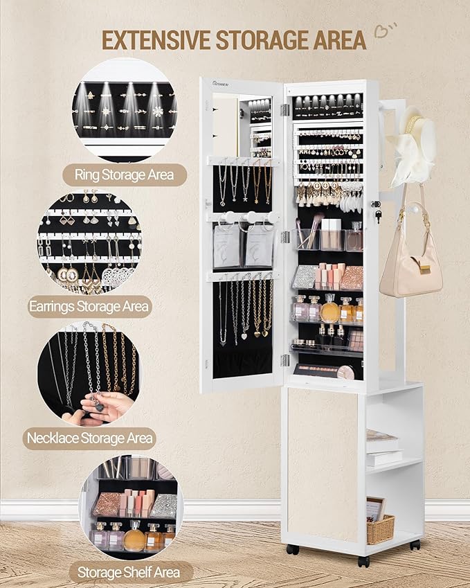 8 LEDs Jewelry Cabinet Armoire, 66.9-inch Jewelry Organizer with Garment Rack, Lockable Full-length Mirror with 4 Wheels, Storage Shelves with Hooks, 5-in-1, White and Beige JC17003B