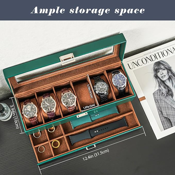 ProCase Watch Box, 6 Slot Watches Display Case with Drawer, Mens Watch Case with Glass Lid, 2-Layer Mens Jewelry Organizer Storage Holder, Birthday Valentine Gifts for Men -6 Slot, MidnightGreen