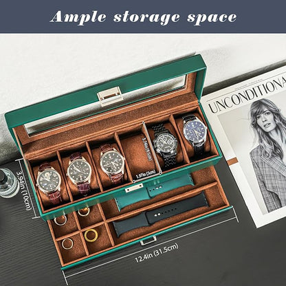 ProCase Watch Box, 6 Slot Watches Display Case with Drawer, Mens Watch Case with Glass Lid, 2-Layer Mens Jewelry Organizer Storage Holder, Birthday Valentine Gifts for Men -6 Slot, MidnightGreen