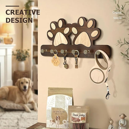 MTERSN Dog Leash Holder for Wall – Fun Dog Paw Key Holder Wall Mount with Floating Shelf and 6 Hooks Unique 3D Pet Claw Hooks - Farmhouse Home Decor for Entryway & Apartment (Dark Acacia)