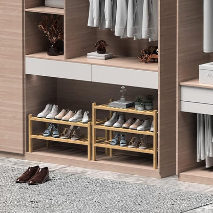 (Thick Bamboo Shoe Rack for Entryway, 2-Tier Free Standing Shoe Racks Stackable Shoe Rack Organizer for Hallway Closet Living Room 27 x12 x14 Inches