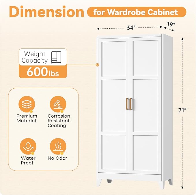 INTERGREAT 71” H Metal Wardrobe Cabinets with 2 Doors, Large Clothing Storage Cabinets with Hanging Rod and Adjustable Shelves, Closet for Home Living/Laundry Room(White)