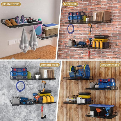 2 Pack Garage Wall Shelf, Garage Wall Mounted Shelving, Heavy Duty Floating Shelves With 4 Hooks, Loads 90 LBS Black Wall Shelves Mesh Storage Rack for Office, Basement, Wall Cabinet and Kitchen