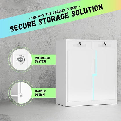 Bonusall Garage Storage Cabinet with 2 Drawers,36" Metal Office Cabinets with Doors and Shelves,Steel Cabinet for Home Office,School,Warehouse(White)