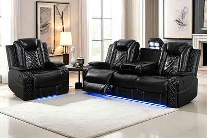 Black Leather Power Recliner Sofa Chair Sets with LED and Arm Storage, Leather Living Room Reclining Sofa, Power Recliner Living Room Furniture Sets with Reading Lights/LED/Cup Holders