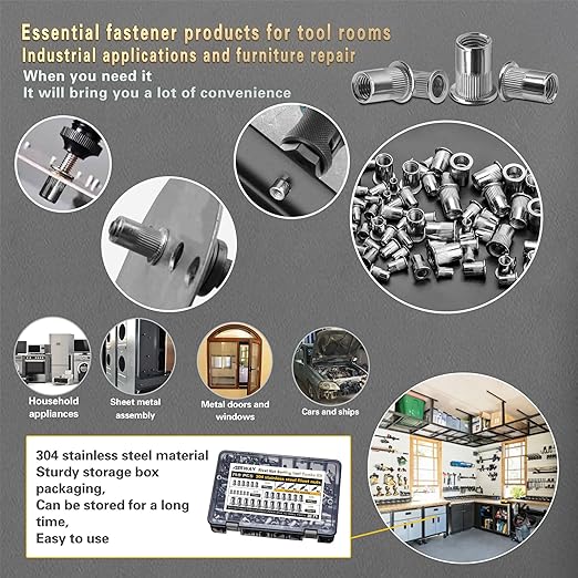 Stainless Steel Rivet Nut Tool Kit 750 Pcs 304 Stainless Steel Rivet Nut Combination, Suitable for Furniture, Decoration, Automotive, Marine and Industrial Applications