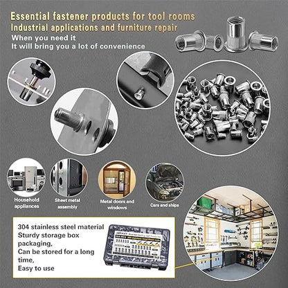 Stainless Steel Rivet Nut Tool Kit 750 Pcs 304 Stainless Steel Rivet Nut Combination, Suitable for Furniture, Decoration, Automotive, Marine and Industrial Applications