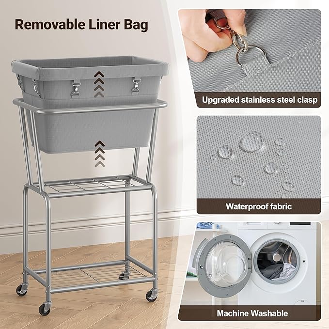 ELYKEN Rolling Laundry Hamper with Wheels, Laundry Cart with Removable Bag, Heavy Duty Metal Frame, 2-Tier Clothes Basket Hamper with Shelf for Closet, Bedroom, Bathroom, Laundry Room, Gray