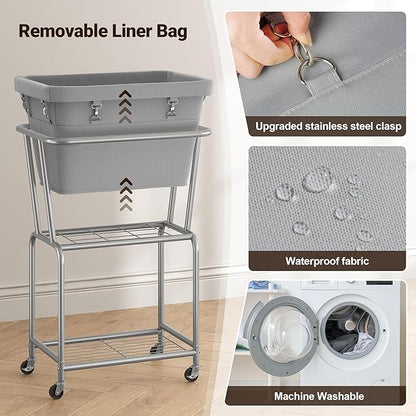 ELYKEN Rolling Laundry Hamper with Wheels, Laundry Cart with Removable Bag, Heavy Duty Metal Frame, 2-Tier Clothes Basket Hamper with Shelf for Closet, Bedroom, Bathroom, Laundry Room, Gray