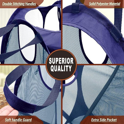 [Reinforced] Strong Mesh Pop-up Laundry Hamper, Quality Collapsible Laundry Basket with Durable Handles Solid Bottom High Carbon Steel Frame, Easy to Open and Fold Flat for Storage(Blue)
