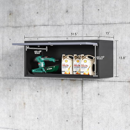 Metal Wall Storage Cabinet with Up-flip Door, Wall-Mounted Storage Cabinet for Garage, Warehouse, Home, Office, Assembly Required (Black Grey, One Cabinet), WC-0725