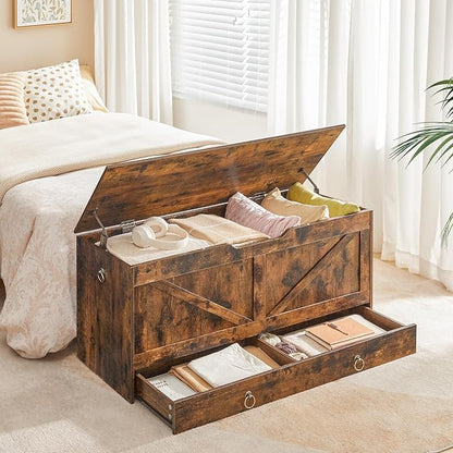 HOOBRO Storage Chest, 43.3" Toy Chest with Drawer, Wooden Storage Bench, Sturdy Entryway Bench Supports 220 lb, Shoe Bench, Safety Hinge, U-Shaped Opening, Easy Assembly, Rustic Brown FG711CW01G1
