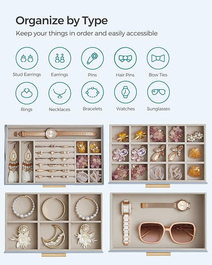 SONGMICS GISELLA Collection - Jewelry Box Organizer, 4-Layer Jewelry Storage with 3 Drawers, Shiny Metal Hardware, Glass Lid, Modern, 6 x 9.9 x 8.5 Inches, Smoky Blue and Gold Color UJBC161Q01