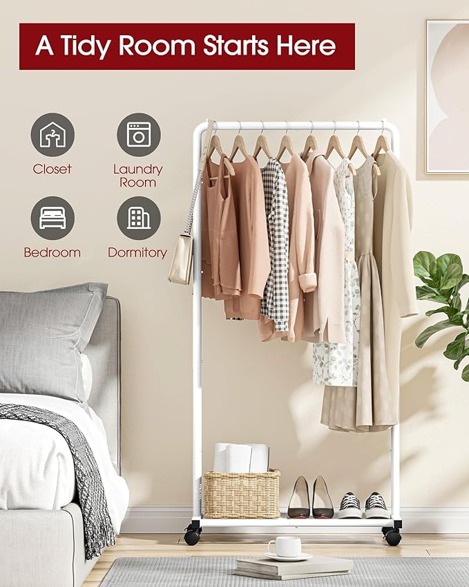 Clothes Rack - Clothing Rack with Storage Mesh Shelf & Casters, Heavy-Duty Metal Clothing Rack for Hanging Clothes, Dresses, Coats, Large Load Capacity, Easy Assembly, White, 28.0"x16.9"x59.0"