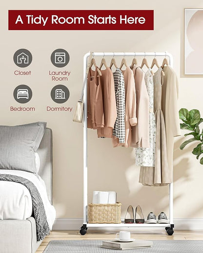 Clothes Rack - Clothing Rack with Storage Mesh Shelf & Casters, Heavy-Duty Metal Clothing Rack for Hanging Clothes, Dresses, Coats, Large Load Capacity, Easy Assembly, White, 28.0"x16.9"x59.0"
