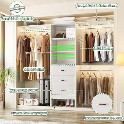 Closet System with Drawer - 8FT Wood Closet Organizer System with 3 Hanging Rods and Shelving Tower, 96" Walk In Closet Organizer Wardrobe, White