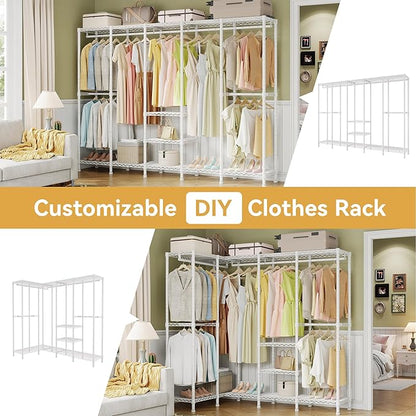 H5 Extra Large Heavy Duty Clothes Rack, Wire Garment Rack, Freestanding Clothing Rack for Hanging Clothes, Wardrobe Closet with Adjustable Shelf, 93.3" Wx15.7 Dx75.4 H, White, Load 1400 lbs