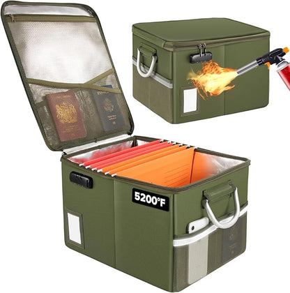 TOMKID 5200°F Fireproof Document Box, Fire Important Document Organizer with Lock, Upgraded Heat Insulated Filing Storage Cabinet Office Organization (5200°F Fireproof Box, Green)