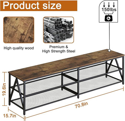 TV Stand for TVs up to 75 Inch, 70" Long Industrial TV Console Table with 3-Tier Storage Shelves, Entertainment Center for Living Room, Bedroom (Brown)