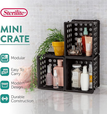Sterilite Mini Crate, Stackable Plastic Storage Bin with Handles, Organize Home, Garage, Office, School, Dorm Room, Black, 36-Pack