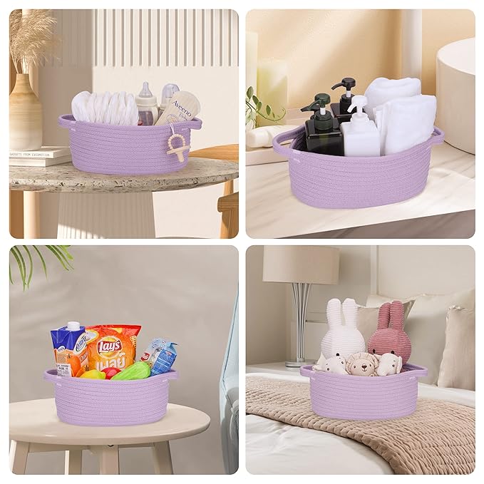 Cute Oval Cotton Rope Wicker Storage Basket with Handle - Empty Baby Nursery Box Bin Organizer for Kids, Cats, Dogs & Easter - Light Purple Lavender