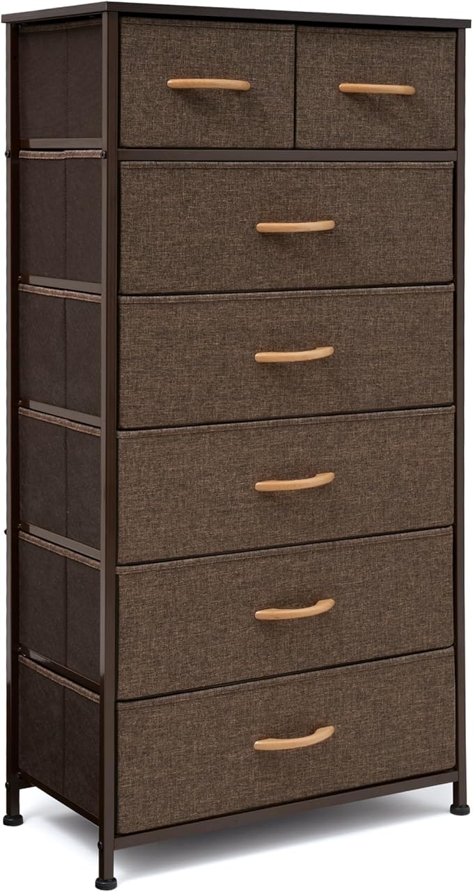 Tall Dressers for Bedroom, 7 Drawers Dresser Fabric Storage Closets Storage Units Organizer Tower Steel Frame Wooden Top for Bedroom, Hallway,Nursery, Entryway(Dark Brown)