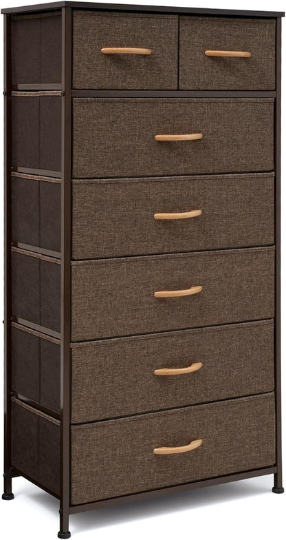 Tall Dressers for Bedroom, 7 Drawers Dresser Fabric Storage Closets Storage Units Organizer Tower Steel Frame Wooden Top for Bedroom, Hallway,Nursery, Entryway(Dark Brown)