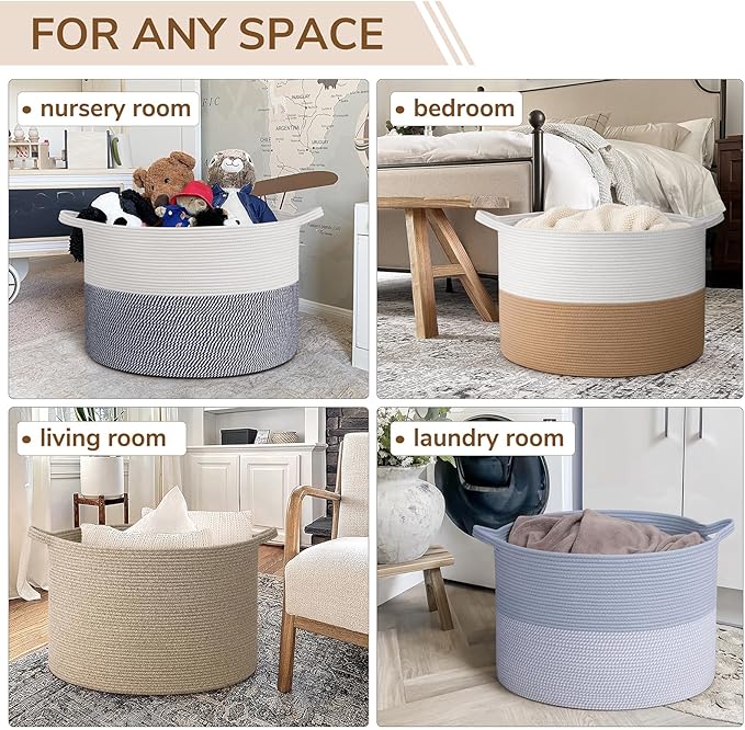 INDRESSME 115L Extra Large Jute Rope Basket, Blanket Basket Home Decor Baby Laundry Baskets for Toys Storage Bedroom, Living Room, Nursery, Boho Hamper for Colthes Towel, White & Camel