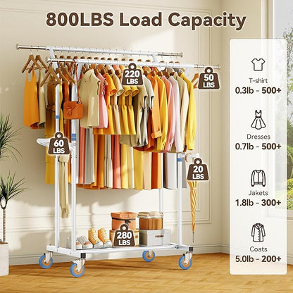 Heavy Duty Clothes Rack for Hanging Clothing: 800LBS Rolling Coat Racks Poartable Garment with Wheels Shelves Freestanding Sturdy Metal Adjustable Extendable Bedroom Laundry Living Room