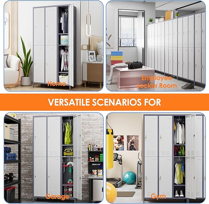 Aobabo Upgraded Metal Storage Lockers for Employees, 72inch Tall 6 Doors Metal Locker with Lock and Name Card Slot, Industrial Storage with 18 Hooks, for Office Gym, Assembly Required,Grey White