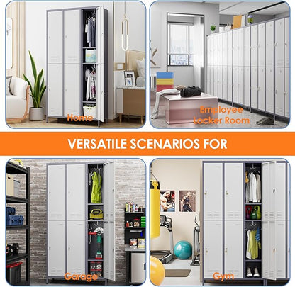 Aobabo Upgraded Metal Storage Lockers for Employees, 72inch Tall 6 Doors Metal Locker with Lock and Name Card Slot, Industrial Storage with 18 Hooks, for Office Gym, Assembly Required,Grey White