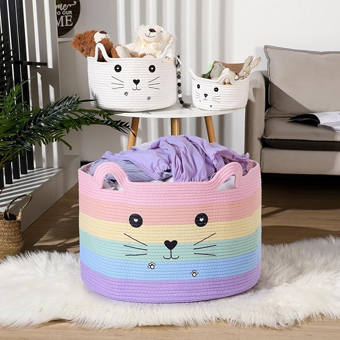 Zopeal Cat Basket Storage Woven Organizer with Ears Easter Decorative Gift Pet Toy Cute Cotton Rope Basket for Gift Cat Dog Toy Bin Nursery Room(21.7 x 13.8 Inch,Macaron Color)
