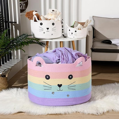 Zopeal Cat Basket Storage Woven Organizer with Ears Easter Decorative Gift Pet Toy Cute Cotton Rope Basket for Gift Cat Dog Toy Bin Nursery Room(21.7 x 13.8 Inch,Macaron Color)