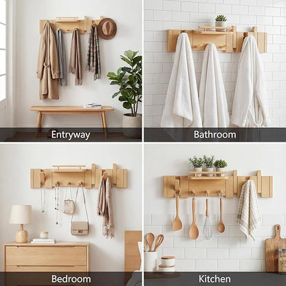 Mid Century Modern Walnut Foldable Entryway Wall Coat Hanger Hook with Shelf,Heavy Duty Wooden Piano Hidden Towel Hooks for Bathroom,Wall Rack for Purse&Key&Mail,Home Decor (Natural, 7 Hooks)