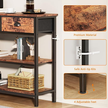 Furologee Long 47" Console Sofa Table with 3 Drawers, Entryway Table with 3-Tier Storage Shelves, Industrial Display Shelf for Entry Way, Hallway, Couch, Living Room, Kitchen, Foyer, Rustic Brown