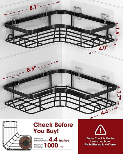 Corner Shower Caddy - 2 Pack, Adhesive Shower Organizers, Rustproof Stainless Steel Shower Shelves with 8 Hooks, No Drilling Bathroom Organizers and Storage Racks, Space-Saving, Black, Medium
