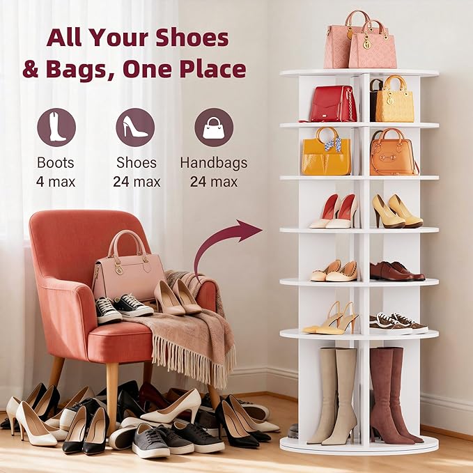 JUMMICO Rotating Shoe Rack Tower, 6-Tier Vertical Closet Storage Organizer for Shoes, Handbags & Tall Boots, 360° Spinning Lazy Susan Base, Space-Saving for Bedroom & Closet (White)