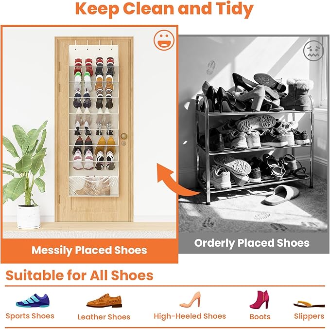 8-Tier Over The Door Organizer, Space Saving Hanging Shoes Organizer and Storage Unit, Organizer for Closet, Bedroom, Entryway, White