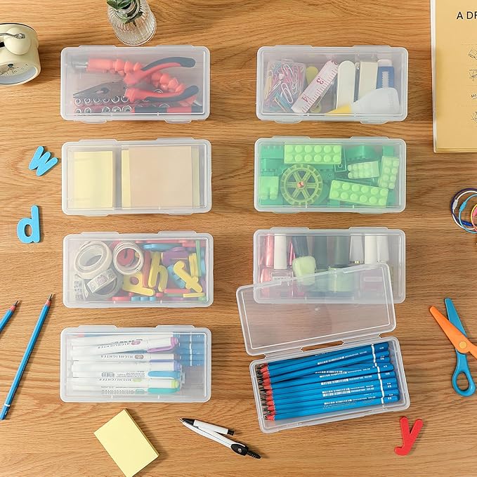 8-Pack Clear Pencil Cases and Pencil Boxes, Stackable Plastic Pencil Box with Snap Lid, Large Capacity for Markers and Art Supplies for School, Office and Desk Organization – Rectangular Large