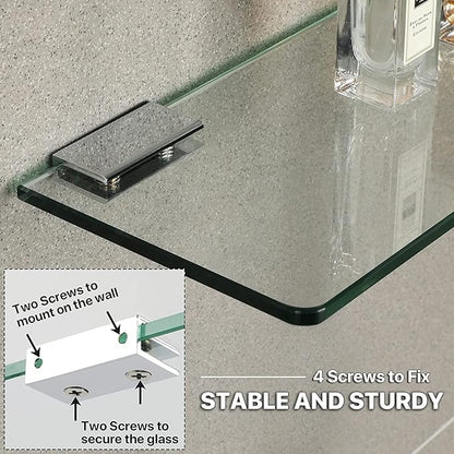 SAYAYO Floating Glass Shelves for Bathroom, 2/7 Inch Thicken Tempered Glass Shelf for Wall, 15 x 5 Inch 2 Pcs, Clear