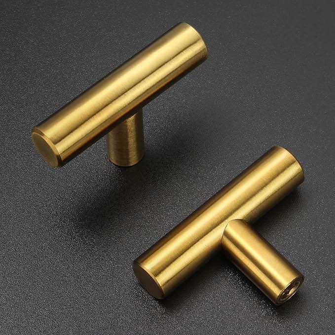 Estmoon 30 Pack Brushed Brass Cabinet Knobs Gold Drawer Pulls Stainless Steel Brushed Gold Dresser Knobs for Cabinets Cupboard Bathroom Kitchen Hardware, Single Hole T Bar Pulls, 2in Overall Length