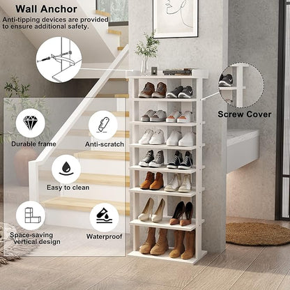 HOMEFORT 7-Tier Wood Shoe Rack, Double Rows 7-Tier Shoe Shelf, Shoe Storage Stand, Entryway Shoe Tower, Vertical Shoe Organizer Perfect for Narrow Closet, Entryway, Hallway, Bedroom in White