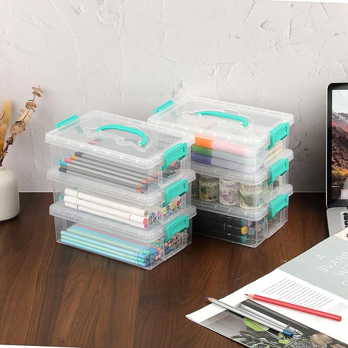 BTSKY 6-Pack Large Stackable Pencil Boxes with Handles, Transparent Pencil Case with Latching Lids & Clasp, Plastic Pencil Box Stationery Organizer Box Ideal for Craft Pen Art Office Supply, Green