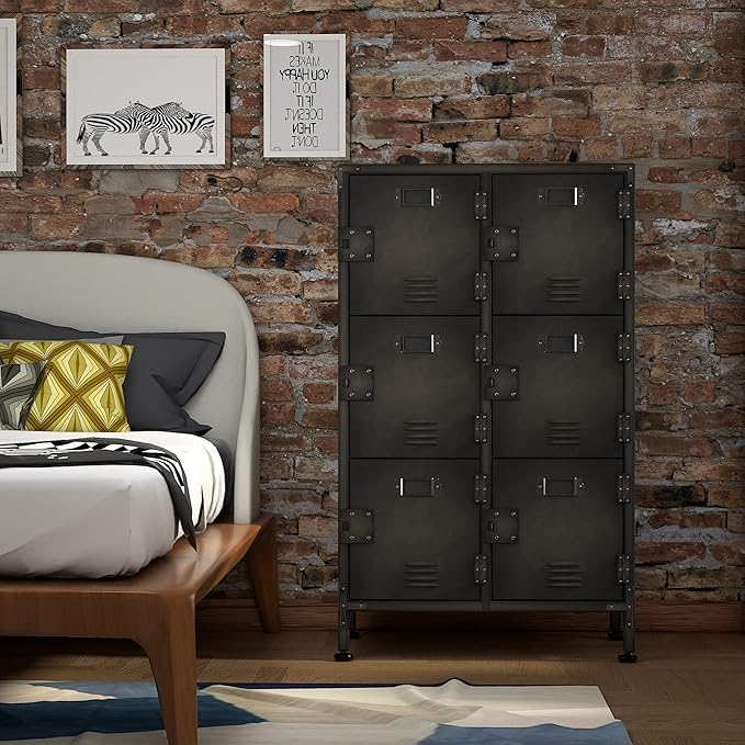 Metal Locker Storage Cabinet, 47.3" Employees Locker with 6 Doors, Steel Retro Wardrobe with Adjustable Feet for Home, Office, Gym, School