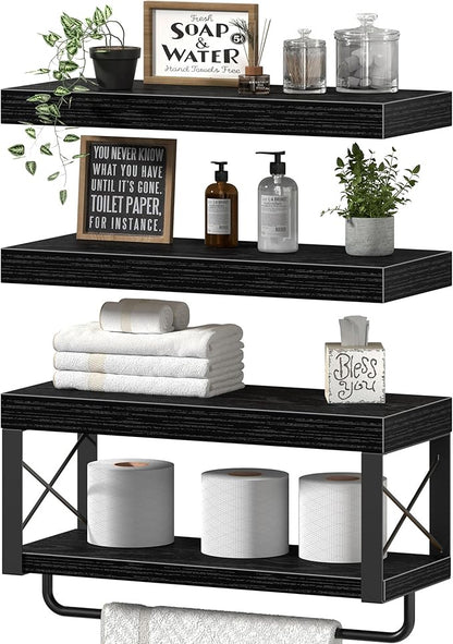 QEEIG Bathroom Shelves Over Toilet - Floating Shelf for Wall Toilet Paper Storage Farmhouse 16 inch Set of 3, Black (029-40B3)
